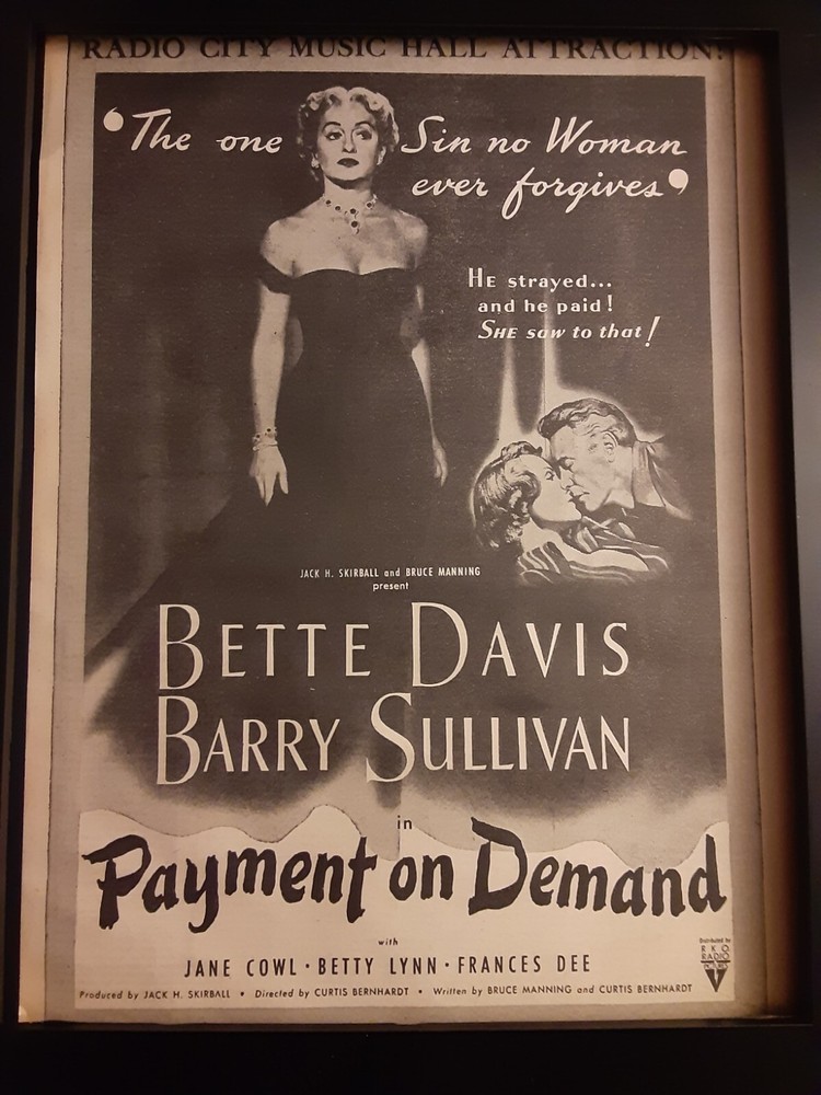 Payment On Demand Bette Davis Rare Original 1951 Promo Poster Ad Framed-image