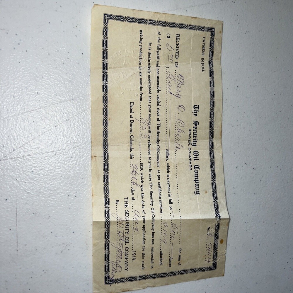 the security oil company payment in full receipt 1919 500 shares no. 5444-image